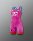 Pink and blue Freestyle Wrestling Singlet with 'USA' branding on a gray background