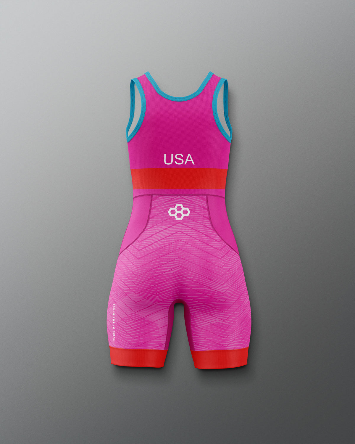 Pink and red Freestyle Wrestling Singlet with 'USA' text on a gradient background