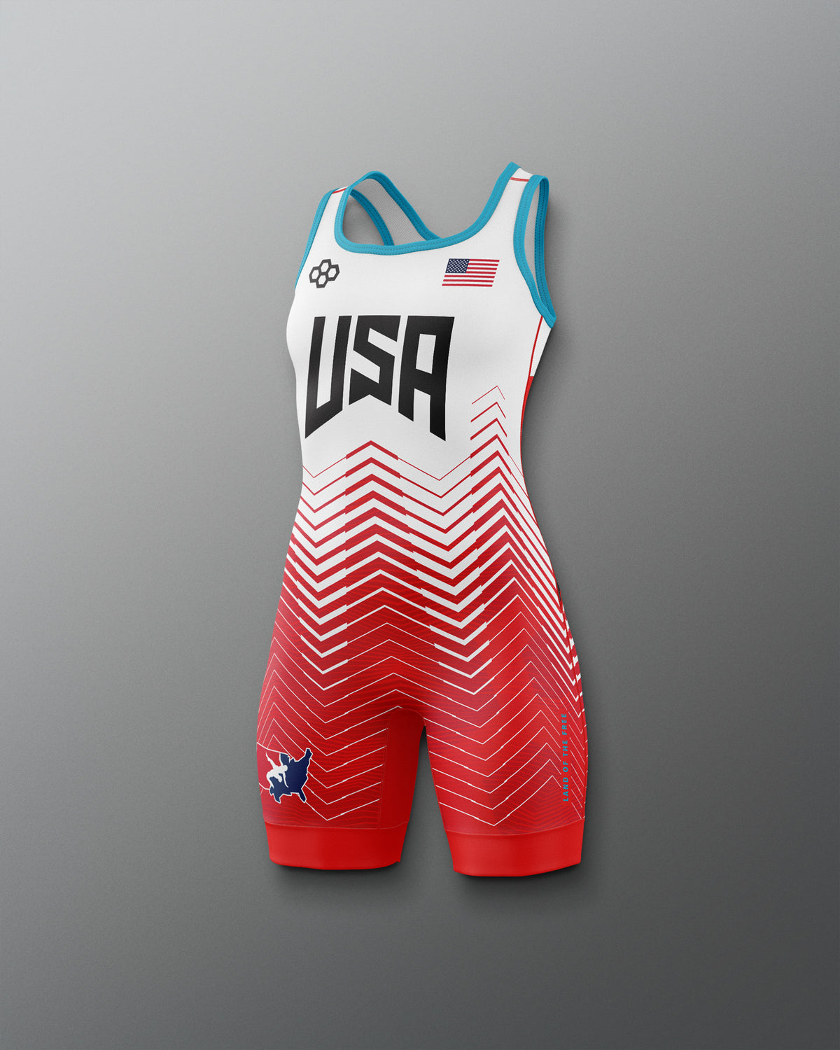 Freestyle Wrestling singlet with USA, USA Wrestling, and flag design on a gray background