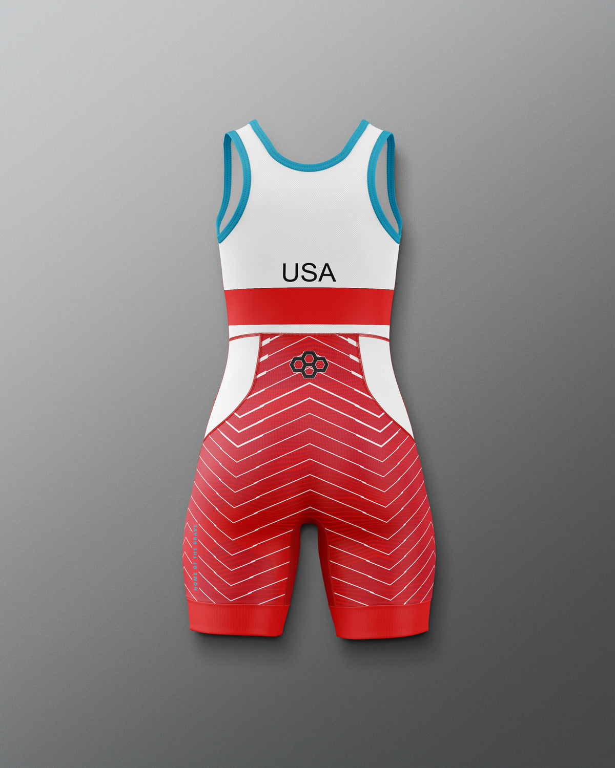 Freestyle Wrestling singlet with 'USA' on a red and blue gradient background