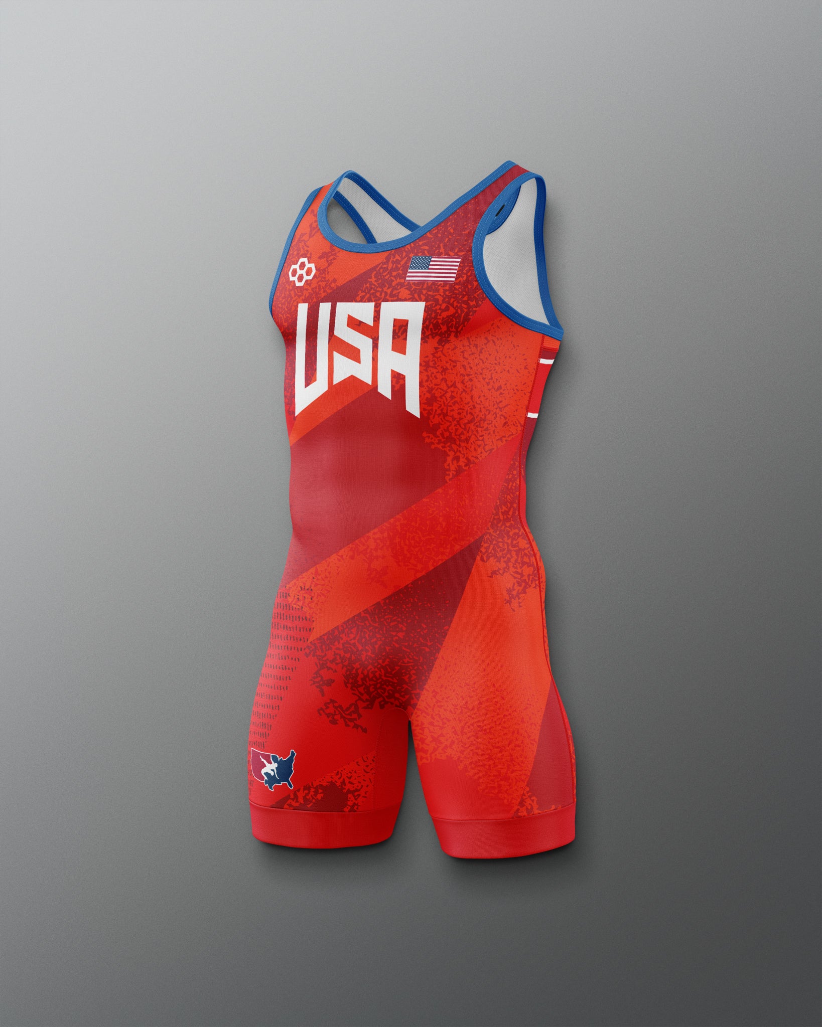 Red freestyle wrestling singlet with 'USA' branding on a gradient background