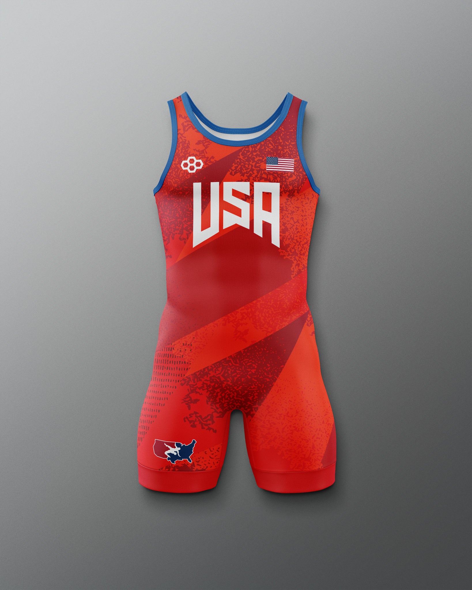 Red freestyle wrestling singlet with 'USA' text on a gradient background