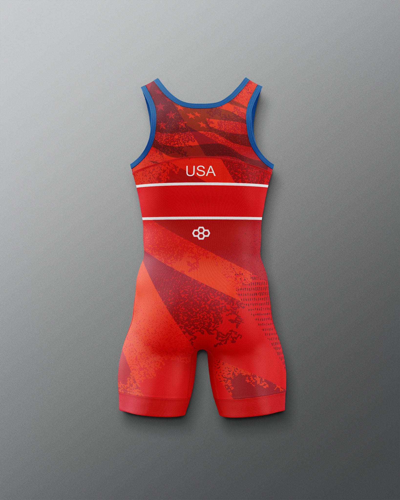 Red freestyle wrestling singlet with 'USA' on a gradient blue and red background