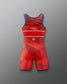 Red freestyle wrestling singlet with 'USA' on a gradient blue and red background