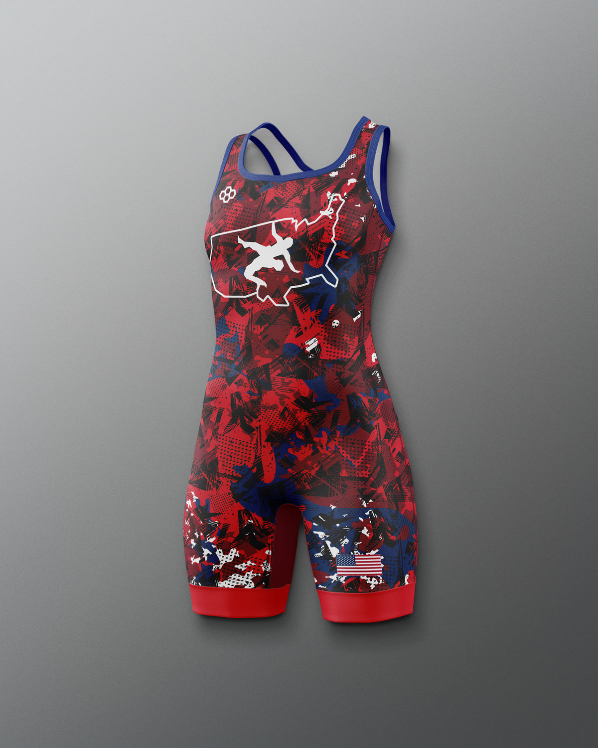 Freestyle Wrestling singlet with red, blue, and white design With a USA Wrestling Logo on a gray background