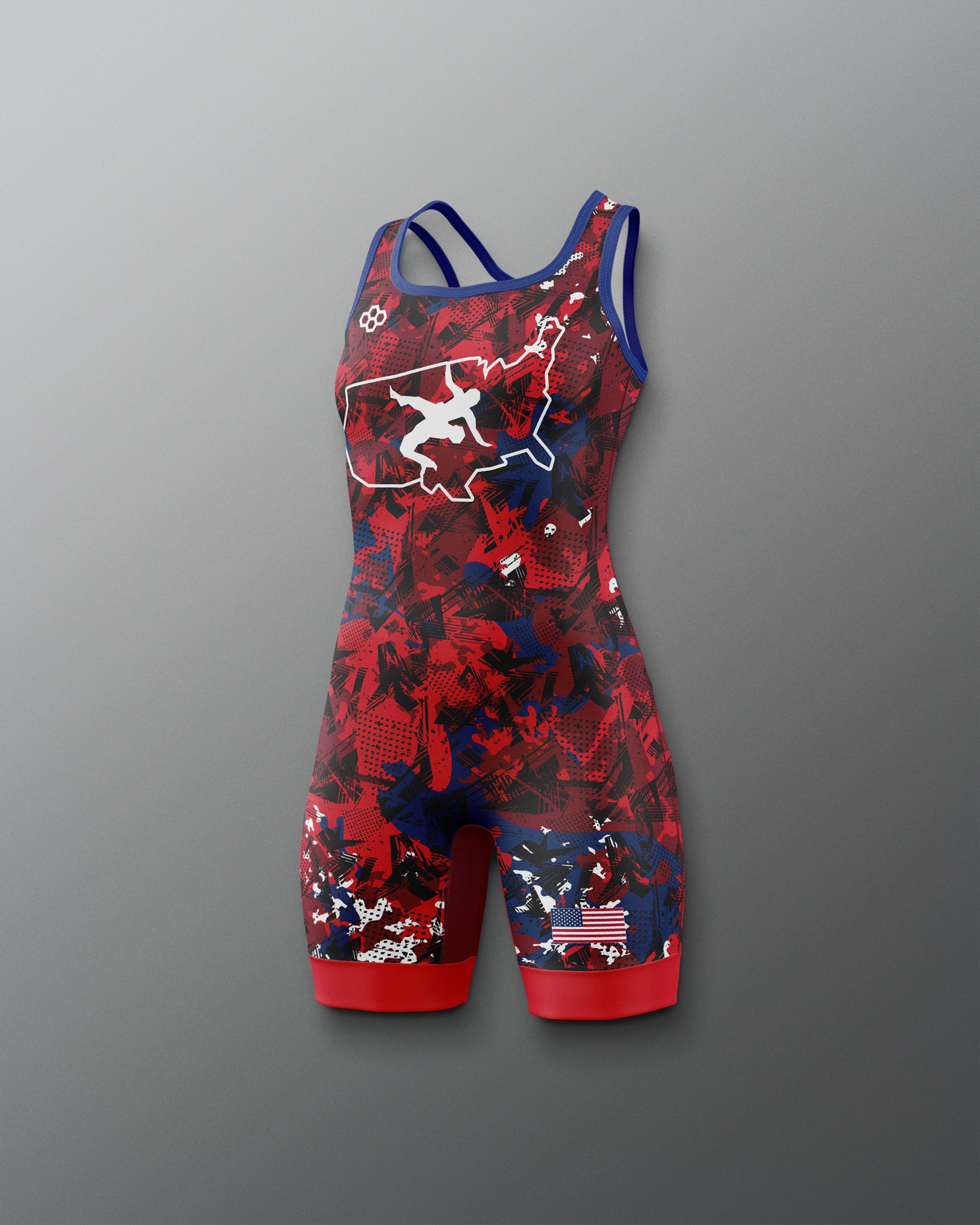 Freestyle Wrestling singlet with red, blue, and white design With a USA Wrestling Logo on a gray background