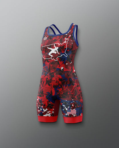 Freestyle Wrestling singlet with red, blue, and white design With a USA Wrestling Logo on a gray background