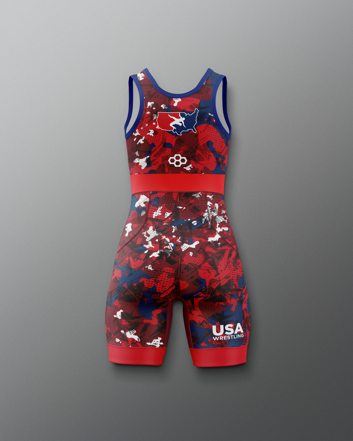 Freestyle Wrestling singlet with red, blue, and white design with a USA Wrestling Logo on a gray background