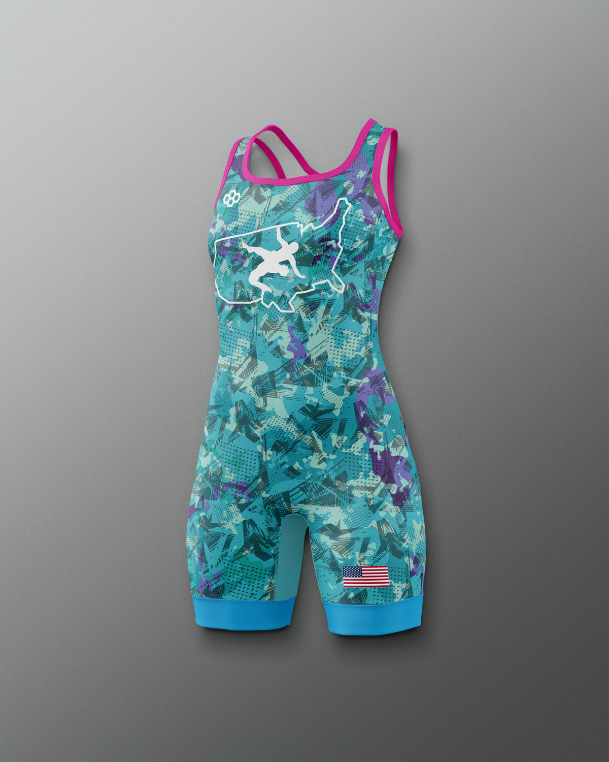 Freestyle Wrestling singlet with camouflage pattern with USA Wrestling Logo on a gradient red to blue background