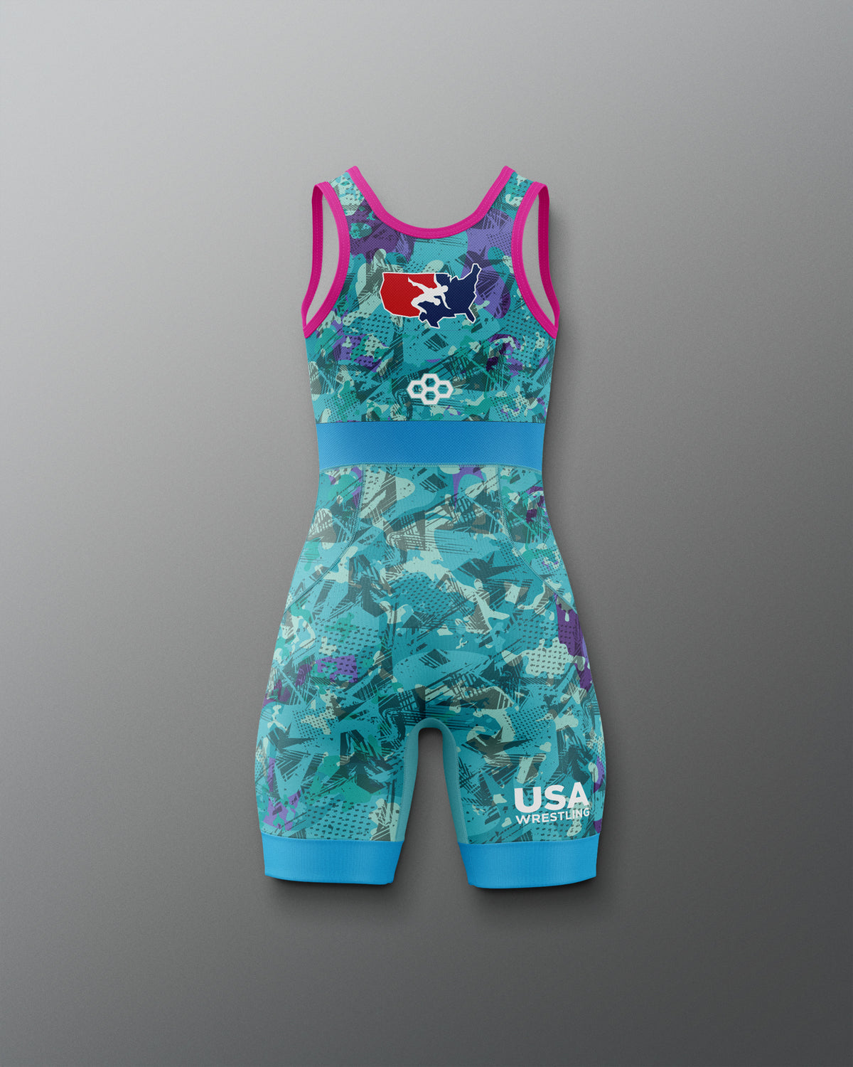 Teal and purple Freestyle Wrestling Singlet with USA Wrestling logo on a gray background
