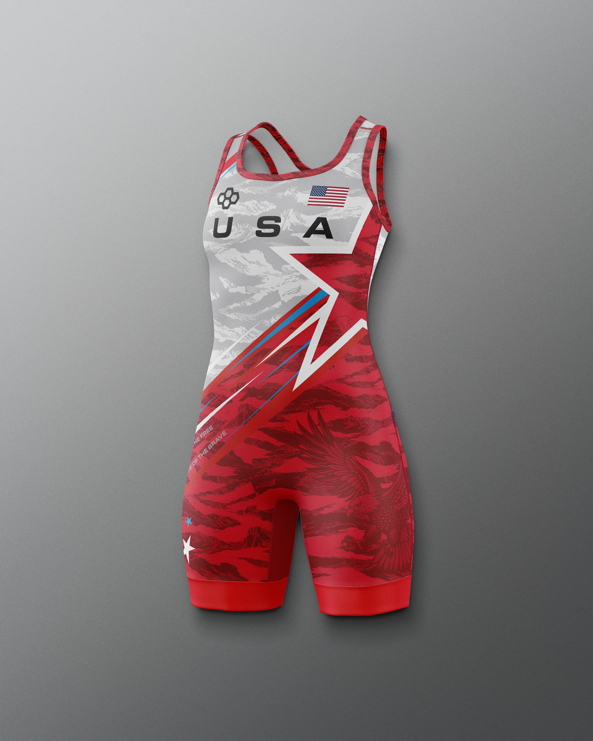 Angled front view of the RUDIS USA Wrestling Shooting Star Girls Elite 2.0 Singlet in red, featuring an American flag, bold shooting star, and eagle graphic.