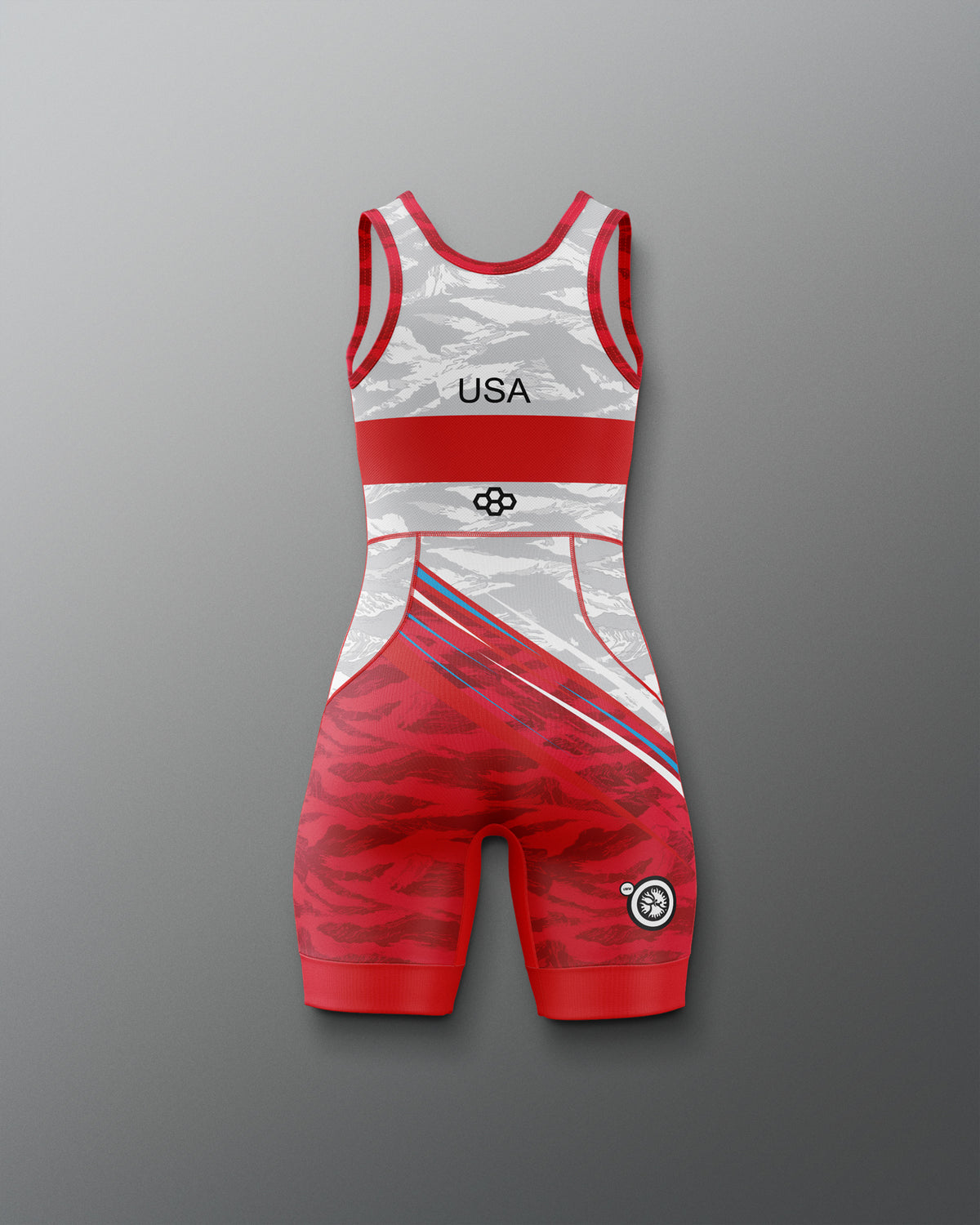 Back view of the RUDIS USA Wrestling Shooting Star Girls Elite 2.0 Singlet in red and white, featuring USA lettering, mountain graphics, diagonal stripes, and red trim.