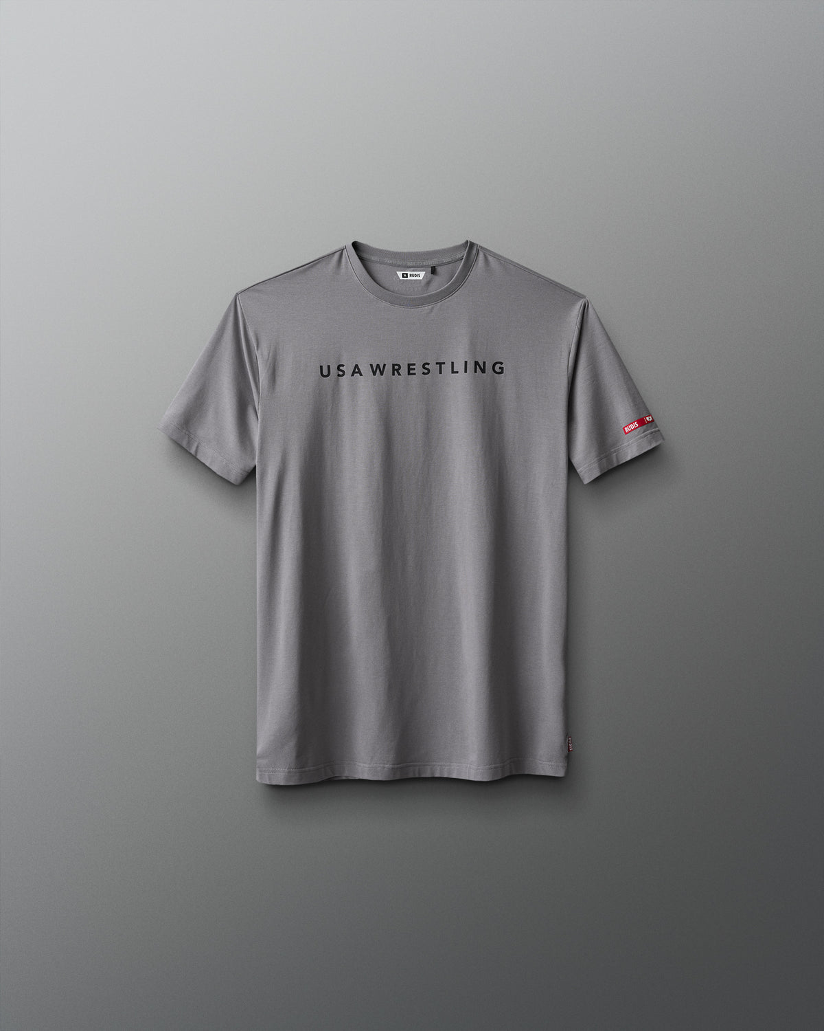 Gray t-shirt with 'USA WRESTLING' text on a gradient red to blue background
