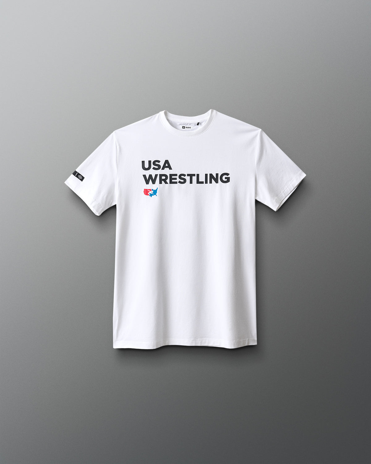 White t-shirt with 'USA Wrestling' text on a gray background