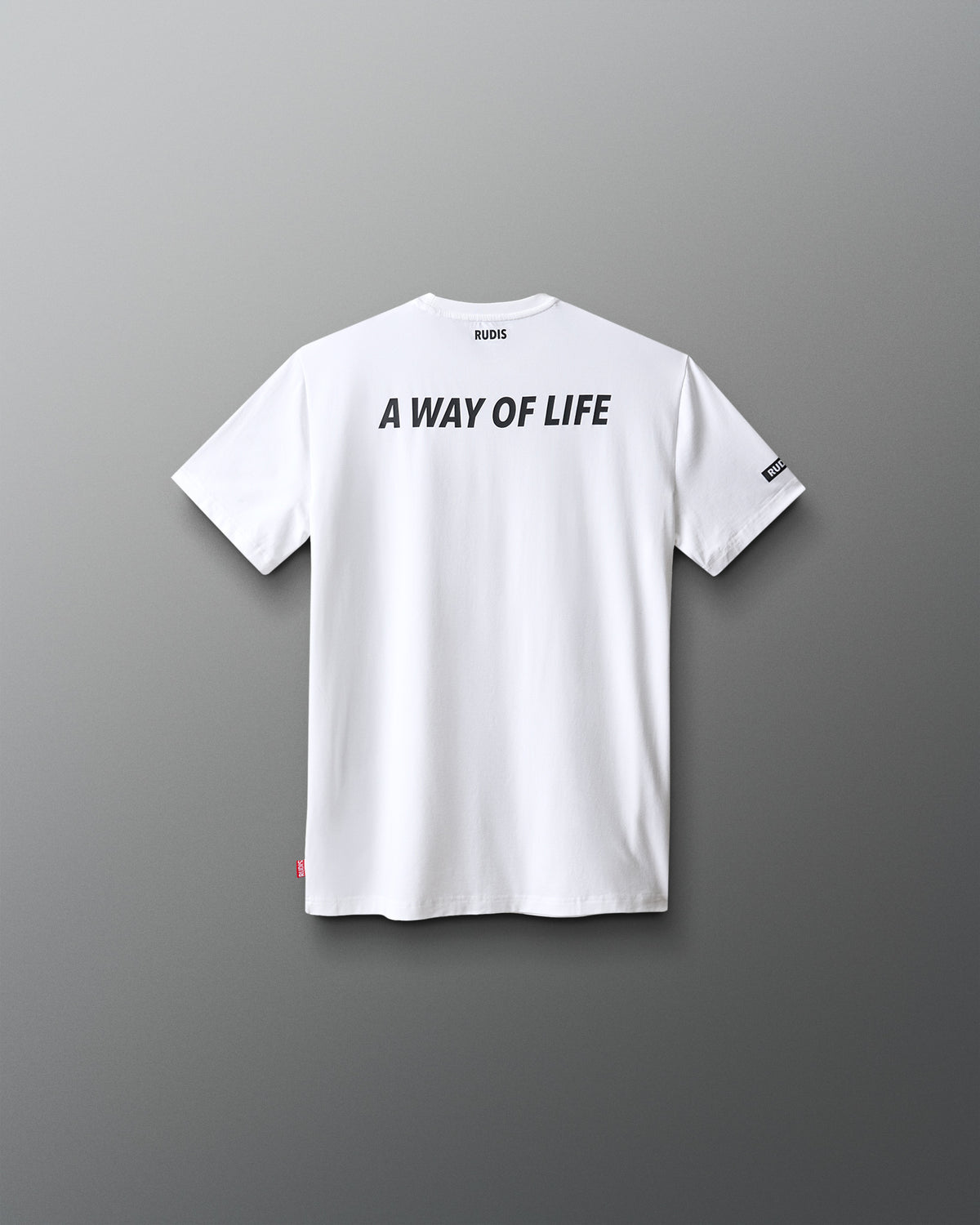 White t-shirt with 'A Way of Life' text on the back against a gray background