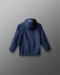 Blue jacket with a brand logo on the back against a gray background
