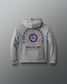 Gray hoodie with colorful graphic and text on a gray background