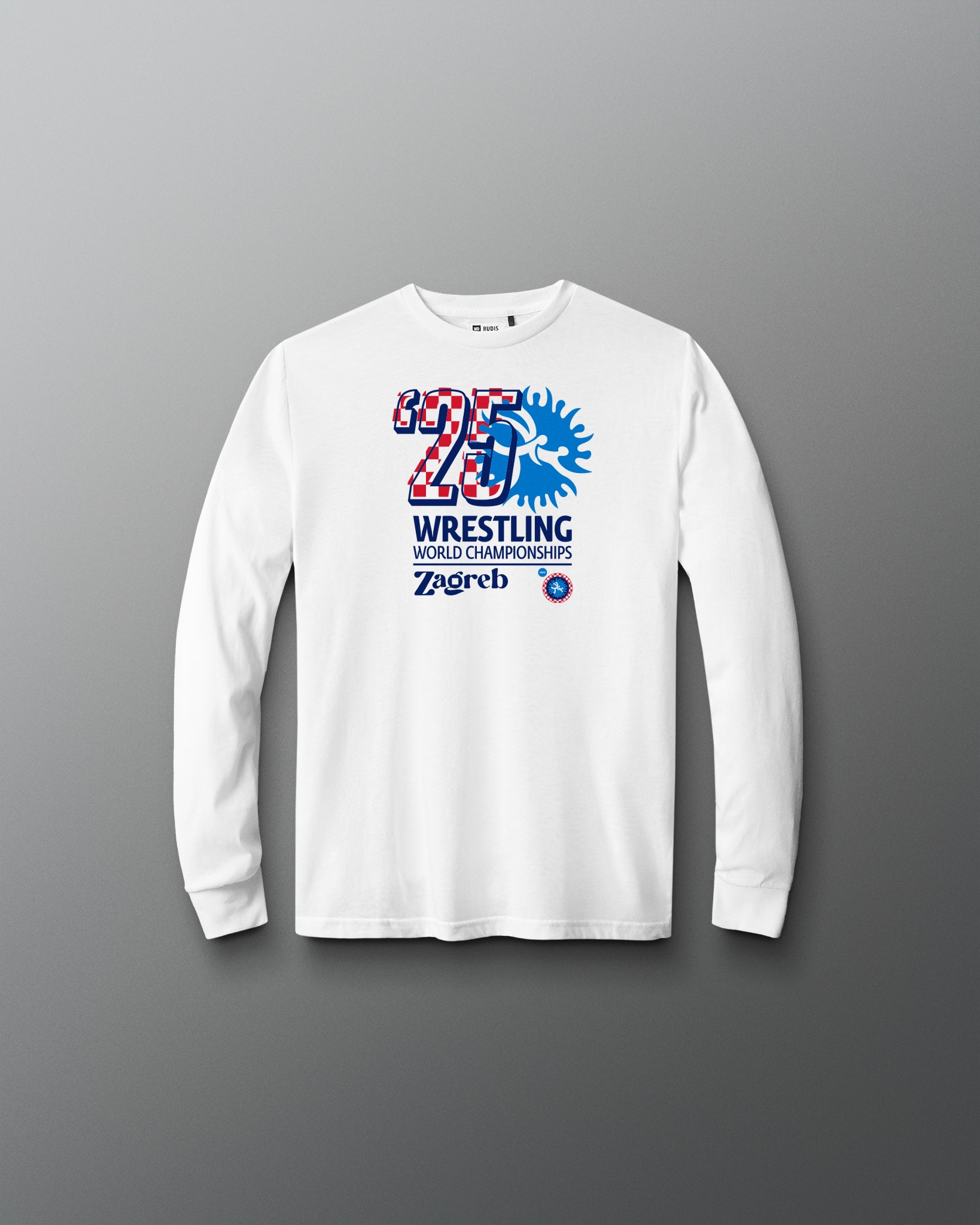 White long-sleeve shirt with wrestling world championships graphic on a gradient background. Zagreb, United World Wrestling