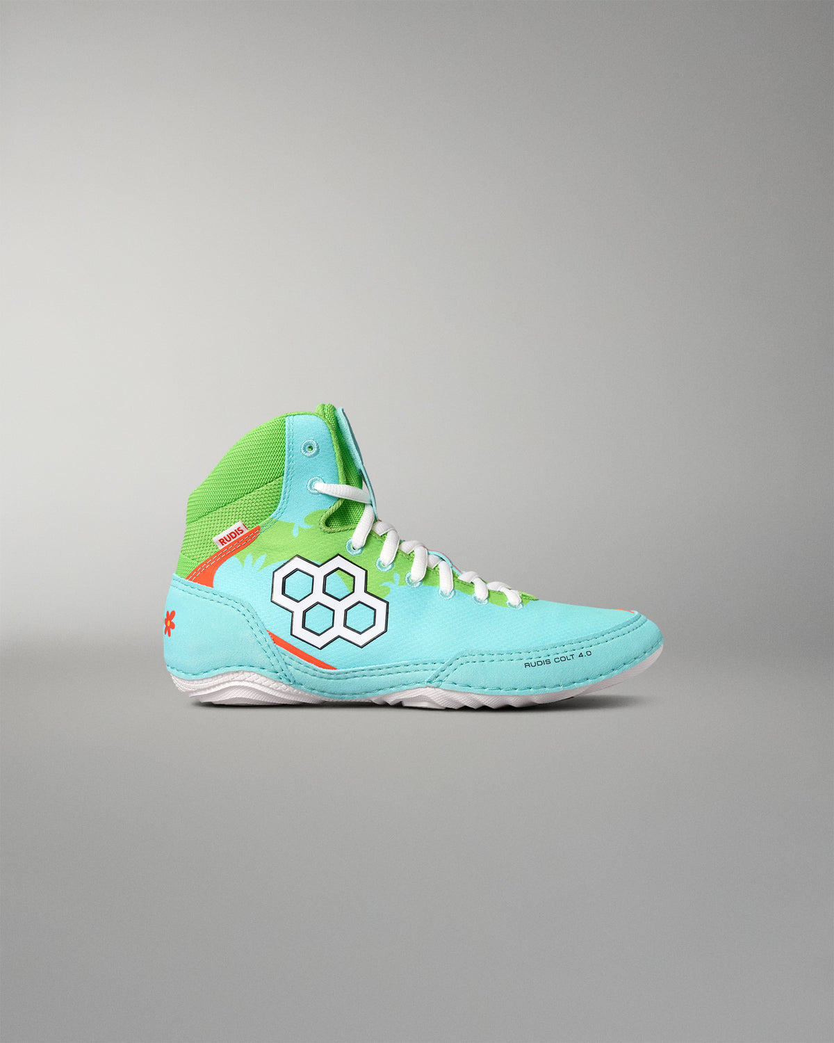 Side profile of the RUDIS Scooby-Doo Colt 4.0 youth wrestling shoe featuring a turquoise upper, green ankle collar, white RUDIS logo, and Mystery Machine-inspired colors.