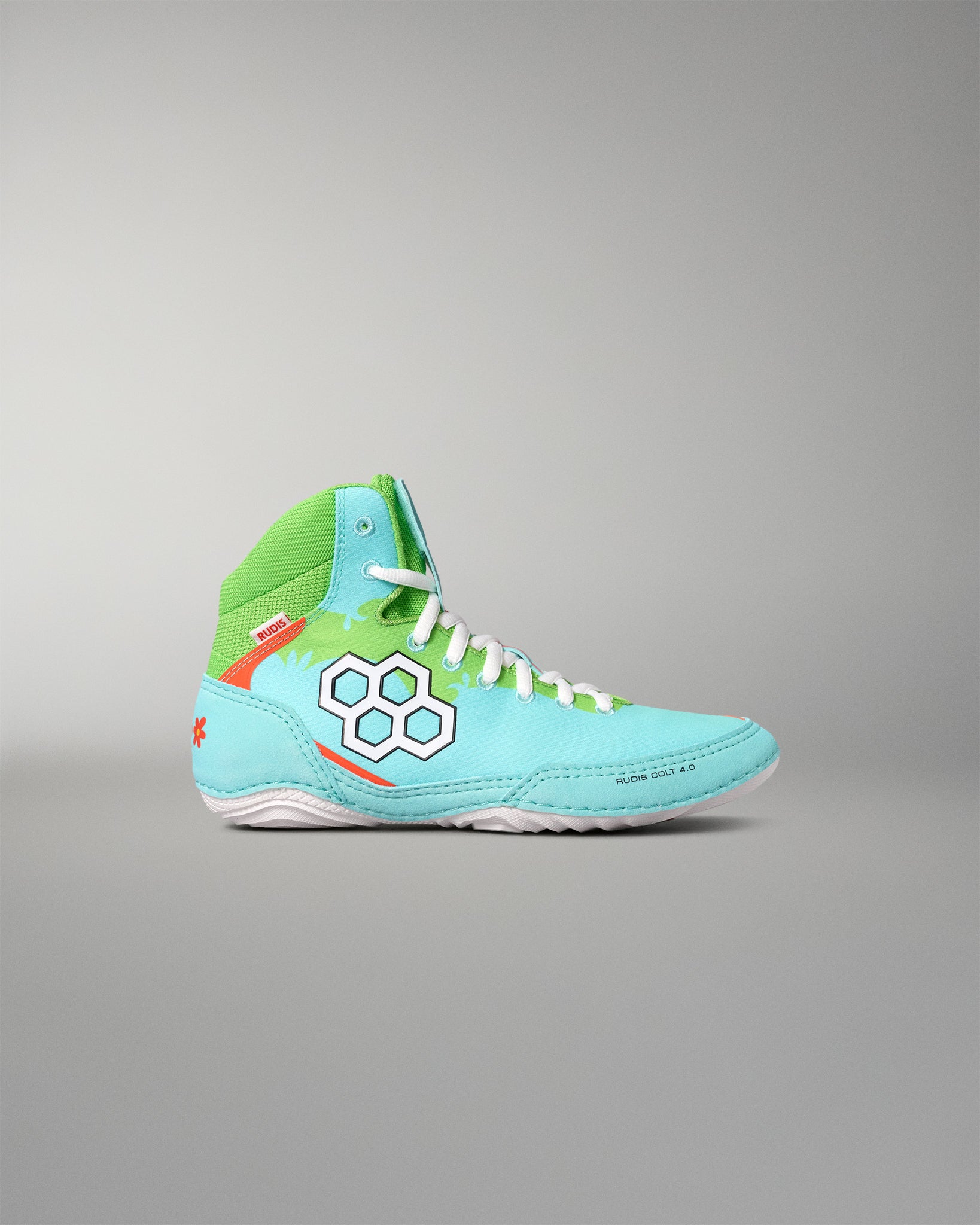 Side profile of the RUDIS Scooby-Doo Colt 4.0 youth wrestling shoe featuring a turquoise upper, green ankle collar, white RUDIS logo, and Mystery Machine-inspired colors.