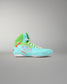 Side profile of the RUDIS Scooby-Doo Colt 4.0 youth wrestling shoe featuring a turquoise upper, green ankle collar, white RUDIS logo, and Mystery Machine-inspired colors.