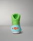 Rear view of the RUDIS Scooby-Doo Colt 4.0 youth wrestling shoe featuring a green padded ankle collar, turquoise heel panel, orange flowers, and white outsole.