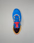 Top view of RUDIS Wonder Woman Hildebrandt 2.0 girls' wrestling shoe featuring blue laces, gold trim, Wonder Woman tongue branding and patterned insole.