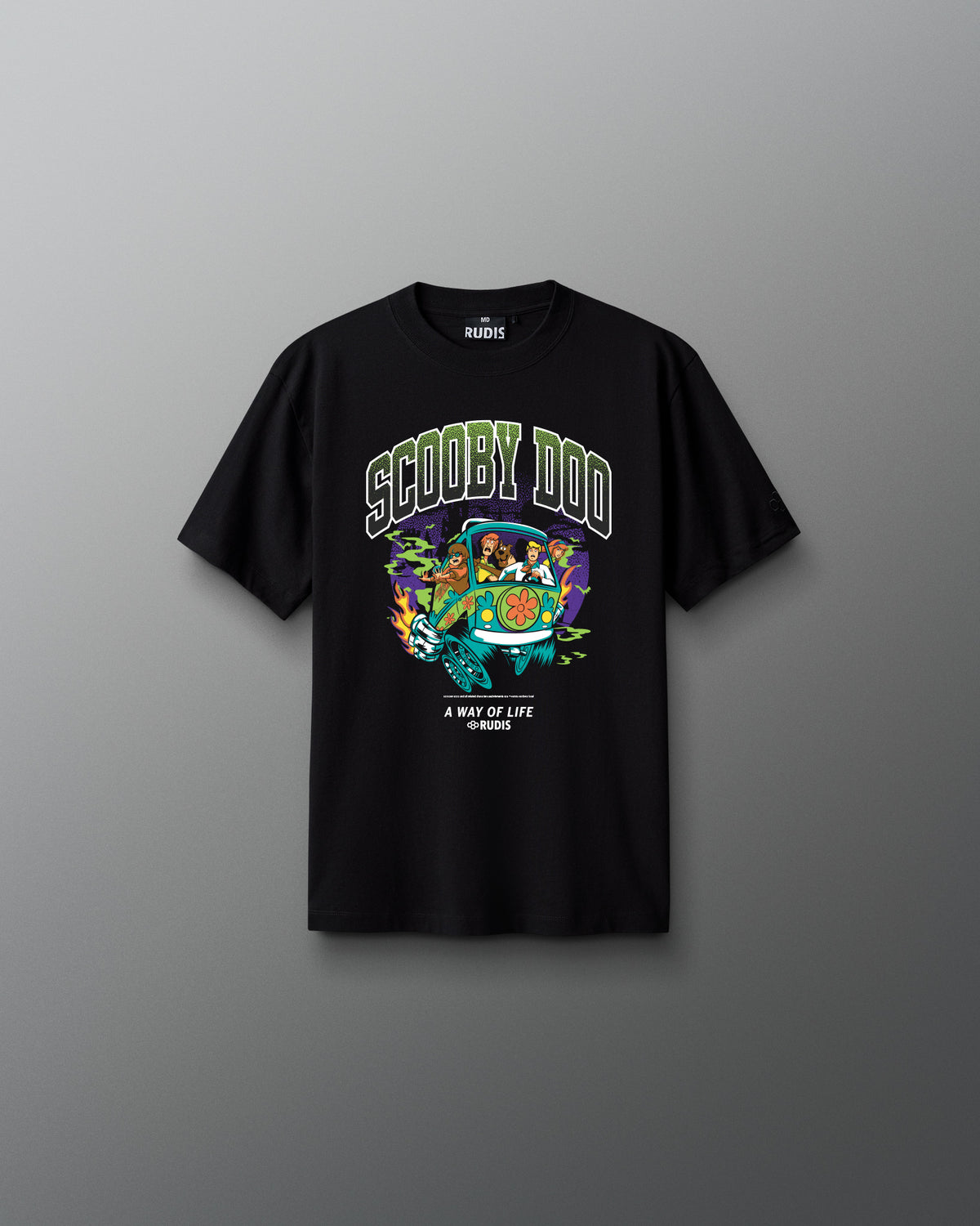 RUDIS Scooby-Doo Youth Relaxed Cotton T-Shirt in black, front view featuring bold Scooby-Doo lettering, colorful Mystery Machine character artwork, and A Way of Life branding.
