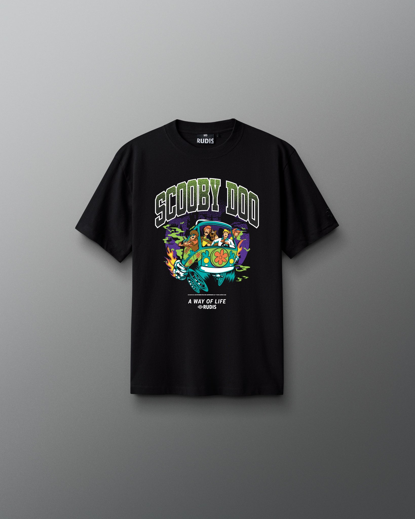 RUDIS Scooby-Doo Youth Relaxed Cotton T-Shirt in black, front view featuring bold Scooby-Doo lettering, colorful Mystery Machine character artwork, and A Way of Life branding.
