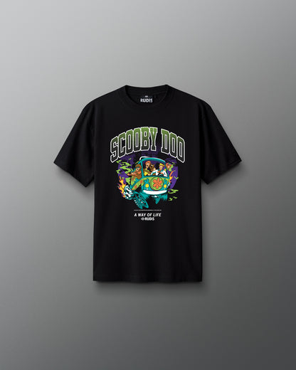 RUDIS Scooby-Doo Youth Relaxed Cotton T-Shirt in black, front view featuring bold Scooby-Doo lettering, colorful Mystery Machine character artwork, and A Way of Life branding.