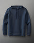 A dark blue hoodie with a minimalist design, featuring purple drawstrings and smooth fabric, suitable for casual wear.