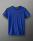 A solid blue t-shirt with short sleeves features a black logo on the left sleeve, set against a gradient gray background, ideal for casual or athletic use.